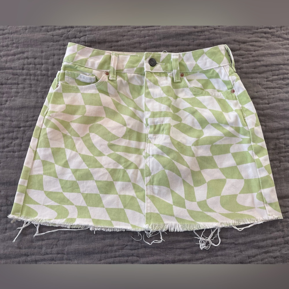 PacSun LA green & white denim jean mini skirt distressed size 25 100% cotton
